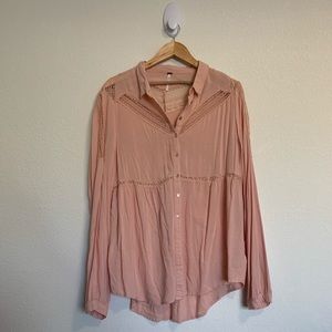 Free People Pink Button Down Crochet Detail Top Lg